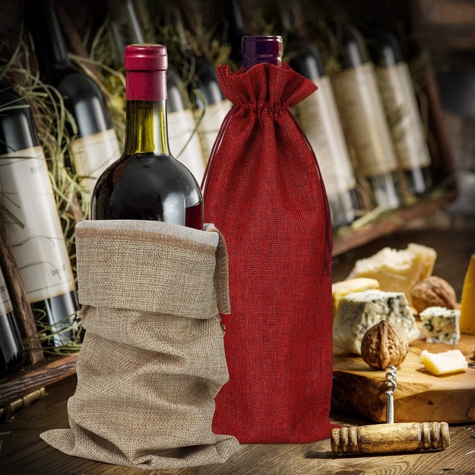 Sacos de jute impressos de cordas de tração reutilizáveis Sacos de presente para vinho 1